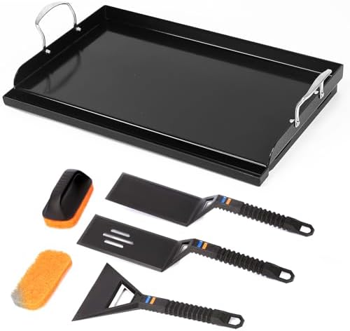 Cast Iron Griddle for Gas Grill with 5-Piece Silicone Griddle Tool Kit 25" x 16" Nano-Ceramic Nonstick Grill Griddle for Gas Charcoal Grills Flat Top Grill Accessories with Stainless Steel Core Tools