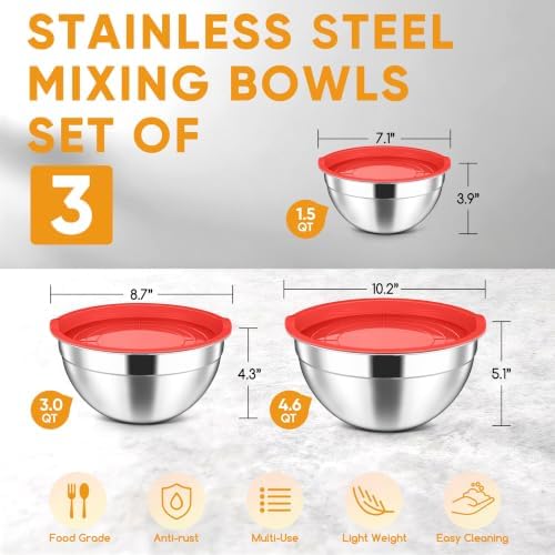 Herogo Stainless Steel Mixing Bowls with Lids Set of 3, 1.5/3/4.6Qt, Red