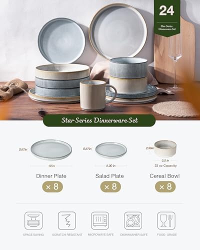 Famiware Star Stoneware Dinnerware Sets for 8, Reactive Glaze Plates, Bowls
