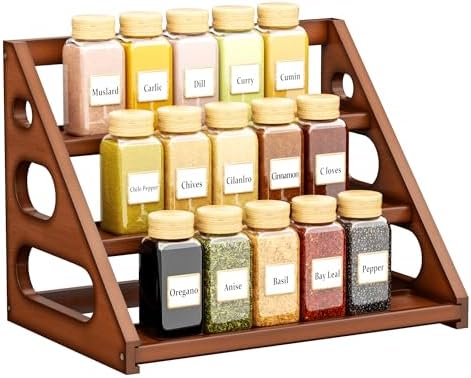 Spice Rack - Tiered Spice Rack Organization for Cabinet - 3 Tier Bamboo Display Spice Shelf for Countertop