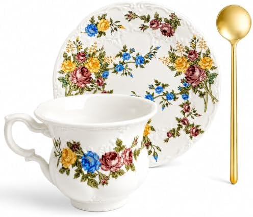 Floral Tea Cup and Saucers, 8 Oz Vintage Ceramic Tea Cup Set