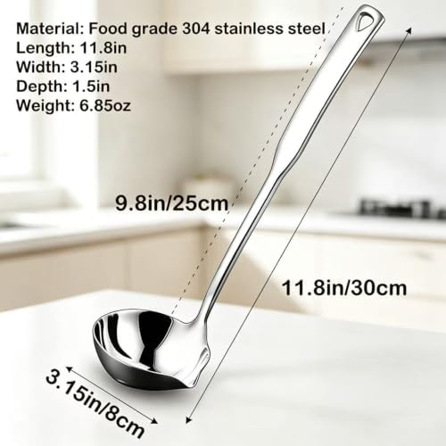 Soup Ladle 304 Stainless Steel Heavy Duty Ladle with Pour Spout Gravy Ladle for Serving, Cooking, Soups, Sauces, Stews and More, 11.8 inch