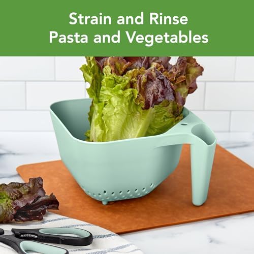 Tovolo Elements Square Colander with Handle Strainer Basket for Pasta Fruit Berries Veggies, Easy to Clean BPA Free Heat Resistant Plastic Colander with Spout 3 Quart Kitchen Strainer, Mint Green