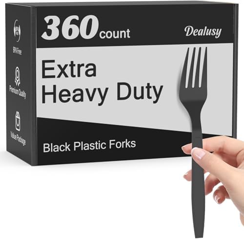 Dealusy 360 Count Extra Heavy Duty Black Plastic Forks Disposable
