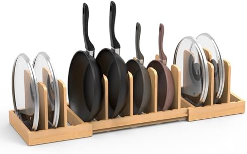 Bamboo Expandable Pot Lid Organizer, Pots and Pans Holder Rack for Cabinet
