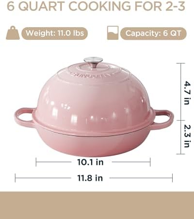 Enameled Cast Iron Bread Oven, 6QT Cast Iron Dutch Oven for Homemade Sourdough Bread Baking, Round Bread Pot with Dome Lid & Cotton Potholders, Gentle Pink