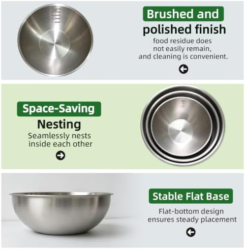 Stainless Steel Mixing Bowls Set, 3-Piece, Thicker-Gauge, Stackable