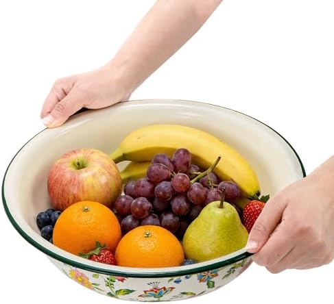 Lawei 2 Pack Vintage Enamel Mixing Bowls, 11.8 Inch Primitive Enamelware Basin for Fruit, Salad, Pasta, Dough Making, 3.6 Quart Enamel Washing Bowl Serving Tray for Camping, Kitchen, Farmhouse Decor