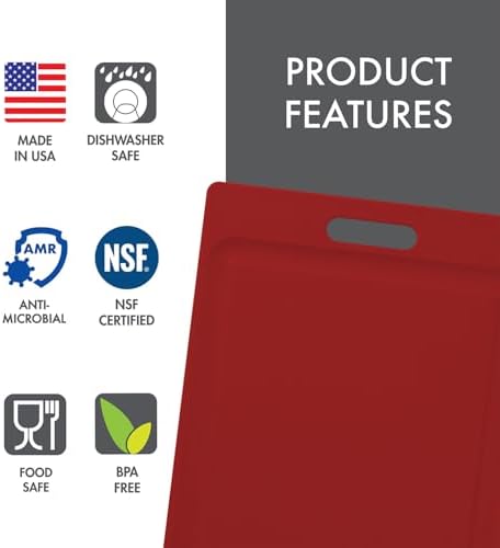 Dexas 4-Pack NSF Certified Polysafe Cutting Boards with Handle and Juice Well, 12 x 18 inches, Reversible Kitchen Cutting Board, Assorted Colors