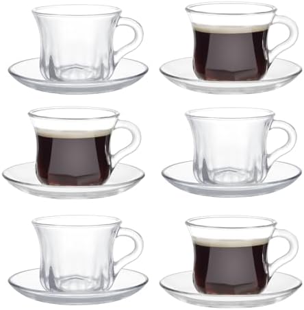 Glass Tea Cups and Saucers Set of 6, Clear Coffee Mugs with Stainless Steel Spoon, Dishwasher & Microwave Safe Teacups for Espresso Cappuccino Latte Tea Juice, 6OZ/180ML