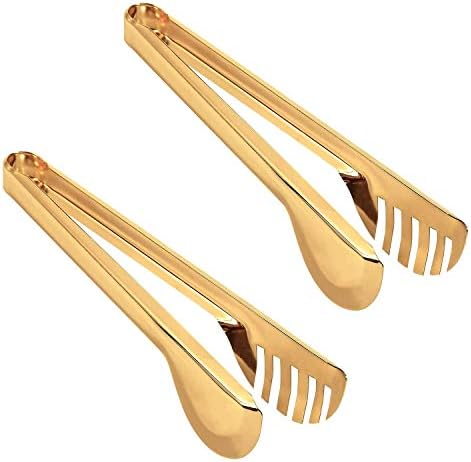 2-Pack Stainless Steel Gold Salad Tongs, Non-slip & Easy Grip Smart Locking Clip Handy Utensil for Cooking, Serving, Barbecue, Buffet, Salad, Ice, Oven (9.5 Inch)