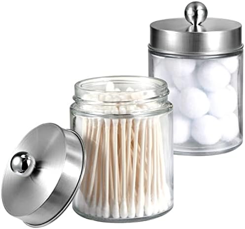 Amolliar Glass Apothecary Jar Qtip Holder Metal Lids 4pc/Brushed Nickel