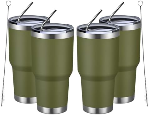 MEWAY 30oz Insulated Tumbler With Lids and Straws,Stainless Steel Double Vacuum Coffee Tumbler Cup, Brush, Durable Powder Coated Coffee Cup for Cold & Hot Drinks, Office, Travel(Army Green,4 PACK)