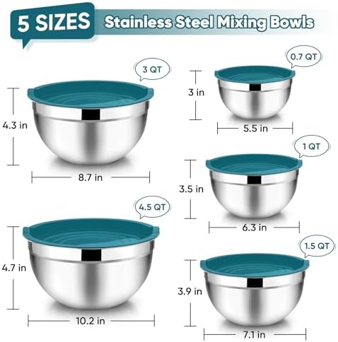 TeamFar Mixing Bowls Set of 5, Stainless Steel Metal Salad Bowls with Lids