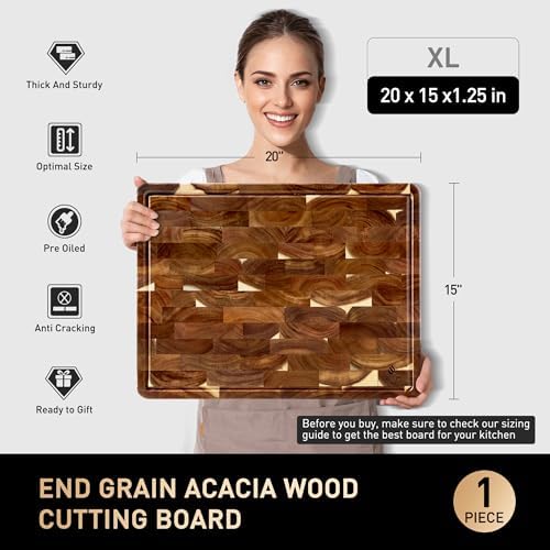 Large End Grain Cutting Board for Kitchen with Non-slip Feet, Acacia Wood