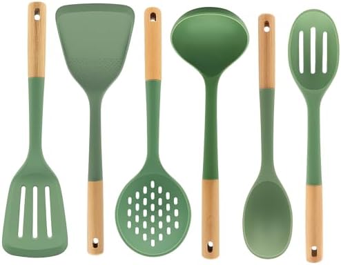 Beille 6pc Beech Wood and Silicone Kitchen Utensils Complete Set Meal Prep Cooking Baking Supplies Home Essentials, Olive Green
