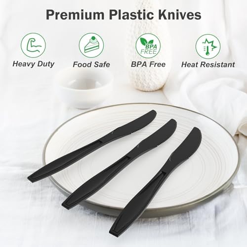 Dealusy 360 Count Extra Heavy Duty Black Plastic Knives Disposable