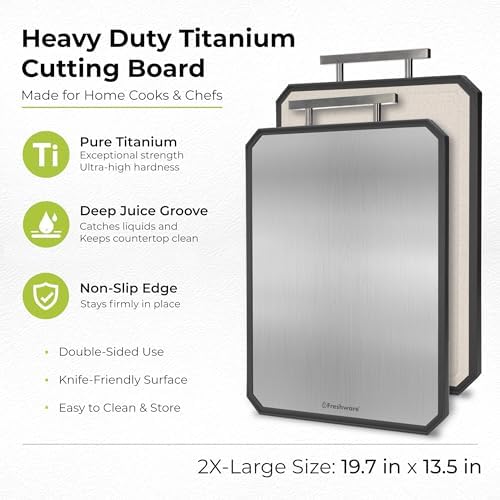 Freshware Titanium Cutting Board for Kitchen, Double Sided and Non Slip Cutting Boards with Handle, Pure Titanium/PP, Chopping Board with Juice Grooves, Dishwasher Safe, Extra Large 19.7" by 13.5"
