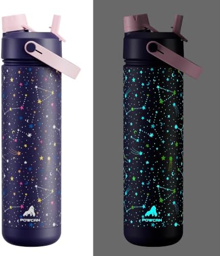 POWCAN 26 oz Insulated Water Bottle with 2-in-1 Straw and Spout Lid, Glow-in-the-Dark, 24H Cold, Leakproof, Fits in Car Cup Holder, Stainless Steel for Gift, Sports, Travel, School (Stellar Wishes)