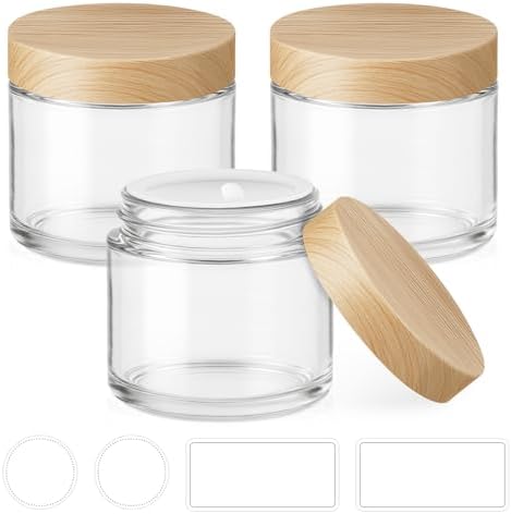 2 oz Small Glass Containers with Lids, Glass Jars with Woodgrain Lids & Inner Liners, Reusable Travel Containers for Creams, Makeup, Lotion, Cosmetic - 3 pack