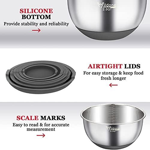 Wildone Mixing Bowls with Airtight Lids, Stainless Steel Mixing Bowls Set