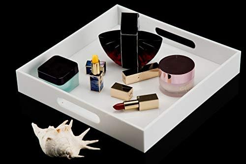 KEVLANG Glossy White Sturdy Acrylic Serving Tray with Handles-10x10Inch-Serving Coffee,Appetizer,Breakfast,Butler-Kitchen Countertop-Makeup Drawer Organizer-Vanity Table,Ottoman Tray-Decorative Tray