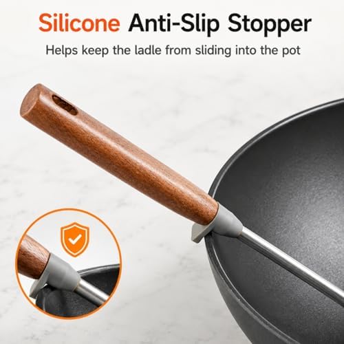 WANGYUANJI 14.2 Inch Stainless Steel Soup Ladle, Deep Wok Ladle Spoon with Wooden Handle and Pot-Rim Stopper, Long Handle Serving Scoop for Soup, Hot Pot, Stew and Chili