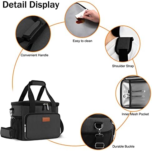 Femuar Lunch Bags for Women/Men, Insulated Lunch Bag for Work Office Picnic - Large Lunch Cooler Bag Leakproof Lunch Box with Adjustable Shoulder Strap for Adults - Charcoal(15L)