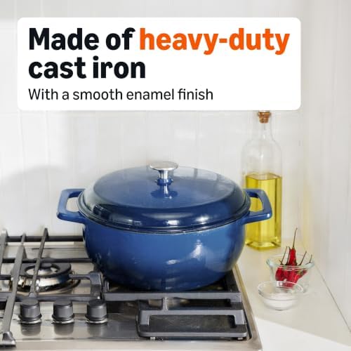 Amazon Basics Enameled Cast Iron Dutch Oven Pot with Lid, Round, Dual Handles, Heavy-Duty, Oven Safe for Stews, Roasting, Baking, 6-Quart, Navy