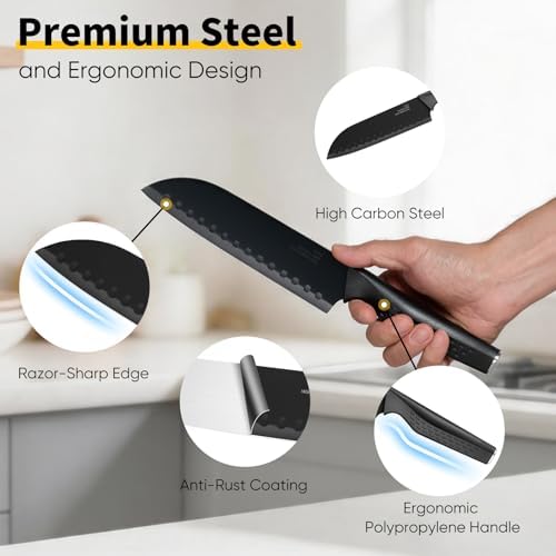 E-far Knife Set, 15-Piece Kitchen Knife Block Set with Sharpener, Black