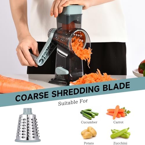 Rotary Cheese Grater with Handle Kitchen Shredder Slicer Grater Slicer Ice Shaver Cheese Vegetable Nuts Potato Zucchini Chocolate 3 Interchangeable Blades (GreyBlue)