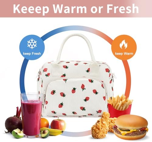 Lunch Bag Women Lunch Box for Women Adult Cute Insulated Lunch Bag Lager Cooler Lunch Tote Bags for Work Picnic (Beige-Strawberry)