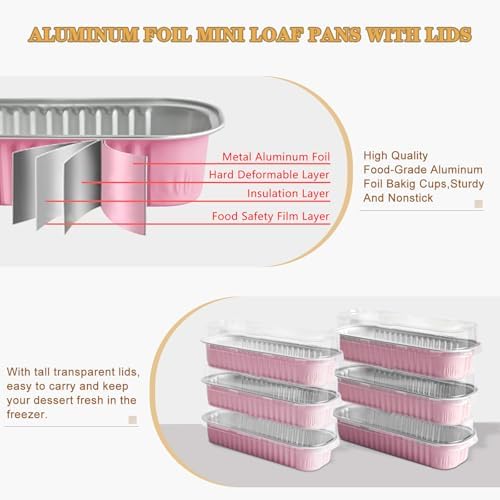 100 Pack Mini Cake Pans with Lids and Spoons, Mini Loaf Baking Pans 6.8oz, Small Disposable Aluminum Foil Loaf Pans, Rectangular Baking Containers for Party and Picnics, Cheesecake Pans (Pink)