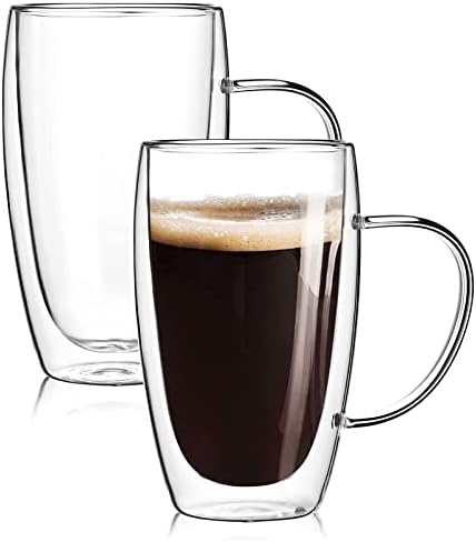2-Pack 15 Oz Double Walled Glass Coffee Mugs with Handle,Large Insulated Layer Coffee Cups,Clear Borosilicate Mugs,Perfect for Cappuccino,Tea,Latte,Espresso,Hot Beverage,Wine,Microwave Safe
