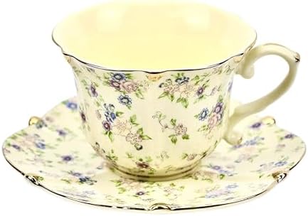 TATSUMI Country Roses Bone China Tea Cup and Saucer Set, 3 Pieces, Vintage Style, For Women and Tea Parties(yellow,1 Set)