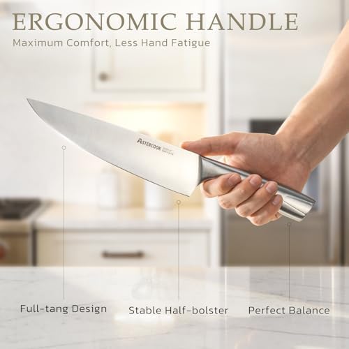 Astercook Knife Set, Kitchen Knives Set with Block and Sharpener Full Tang 15 Pcs Stainless Steel Knives, Dishwasher Safe Knife Set with Anti-Slip Ergonomic Handle, Walnut, Fathers Day Gift for Men