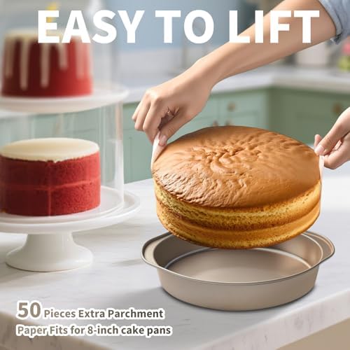 8 Inch Cake Pans, 3PCS Nonstick Round Baking Pans with 50PCS Parchment Papers, Durable Birthday Circle Cake Baking Pan with Handle for Multi-Layer Cakes, Dishwasher Safe (Gold, 8 inch)