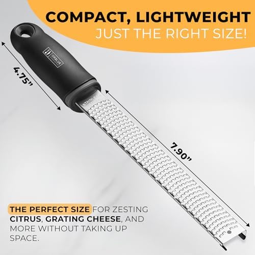 Orblue Lemon Zester & Cheese Grater - Premium Citrus Zester, Kitchen Grater for Parmesan, Chocolate, Fruits, Vegetables, Ginger, Garlic, Nutmeg - Stainless Steel Blades with Protective Cover, Black