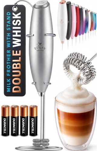 Zulay Kitchen Powerful Milk Frother Wand With Duracell Batteries - Ultra Fast Handheld Drink Mixer - Electric Whisk Foam Maker for Coffee, Lattes, Cappuccino & Matcha - Double Whisk - Silver