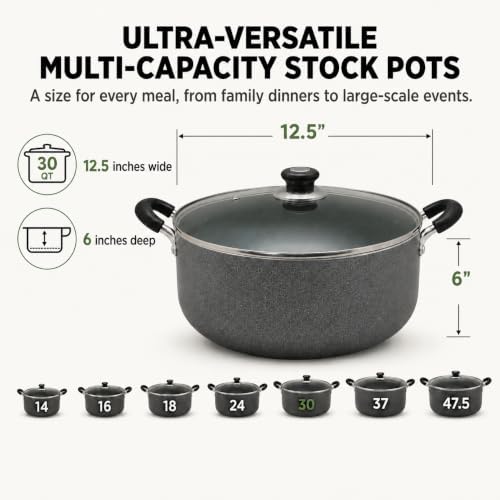 American Dream 30QT Sauce Pot with Glass Lid | Heavy-Duty Aluminum Stock Pot for Soups, Stews, Pasta & Seafood |Dutch Oven Style Cooking Pot with Stay-Cool Handles | Easy-Clean, PFOA-Free Cookware