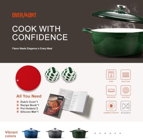 Overmont Enameled Cast Iron Dutch Oven - 5.5QT Pot with Lid Cookbook & Cotton Potholders - Heavy-Duty Cookware for Braising, Stews, Roasting, Bread Baking Bamboo Shadow