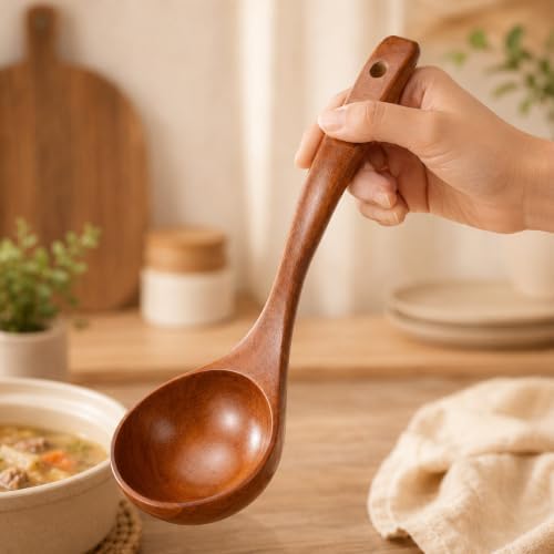Wooden Ladle Soup Spoon Long Handle Serving Cooking 10.6inch, 1Pc