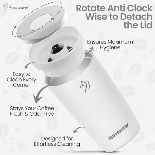 12oz Travel Coffee Mug with Lid | Insulated Stainless Steel Tumbler for Hot & Cold Drinks | Leakproof, Reusable, BPA Free, Dishwasher Safe, Cup Holder Friendly, White Smoke