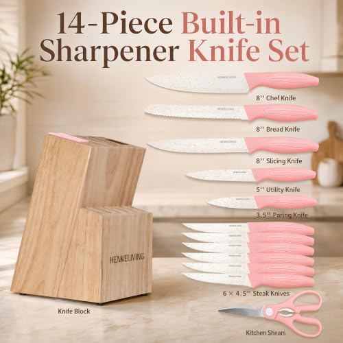 Knife Set with Built-in Sharpener Block, Dishwasher Safe