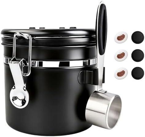 ShanSon Coffee Canister Airtight, Stainless Steel Bean Storage Container with Date Tracker & Scoop, Grounds Sugar Flour Tea Cereal Fits Kitchen Pantry, Ideal Gift for Coffee Lovers,12oz, Black
