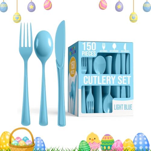 Party Solids Light Blue Plastic Silverware 150 Pcs Light Blue Cutlery Set