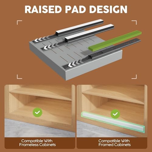 Seinloes 2 Pack Expandable Pull Out Cabinet Organizer 21"Deep With Raising Pad for Framed Cabinets,Upgrade 3 Slide Rails Slide Out Drawers,Roll Out Shelves Adhesive,Adjustable Width 12.05"-20.4"Silver