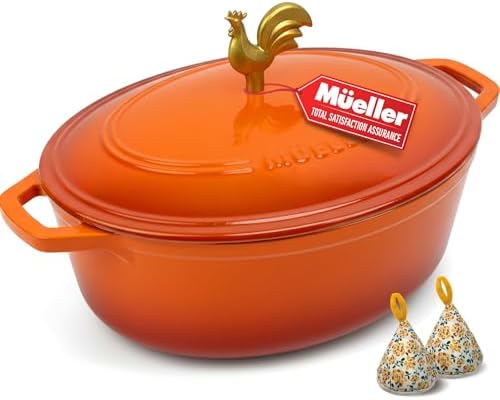 MUELLER HOME 5.5 Quart Enameled Cast Iron Oval Dutch Oven w Rooster Knob & Cotton Potholders, Heavy-Duty Cookware, Oven-Safe up to 500° F & Across All Cooktops, Gifts for Grandma & Women, Orange