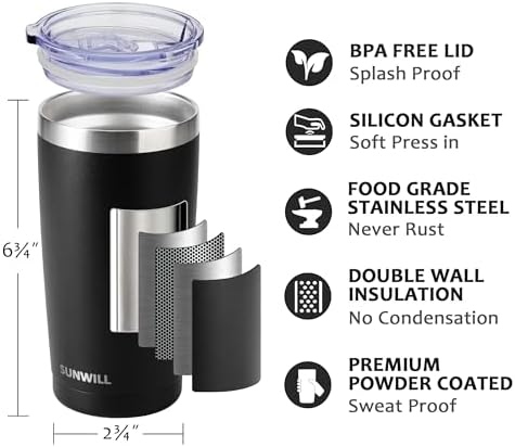 SUNWILL Travel Coffee Mug with Lid, 20 oz Tumbler Set of 2, Insulated Stainless Steel Cup for Water, Tea, Ice, Powder Coated Black 2 pack