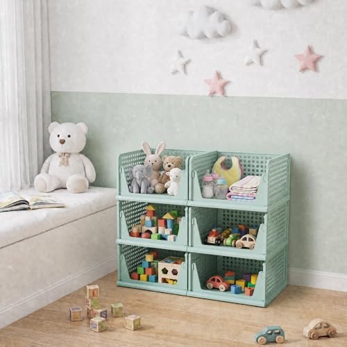 Pinkpum Green Boy Closet Organizers and Storage Stackable Plastic Drawer Basket for Clothing Stackable Storage Bins Shelf Storage Container for Rv Closet Wardrobe Bedroom Bathroom Playroom Man 6 Pack